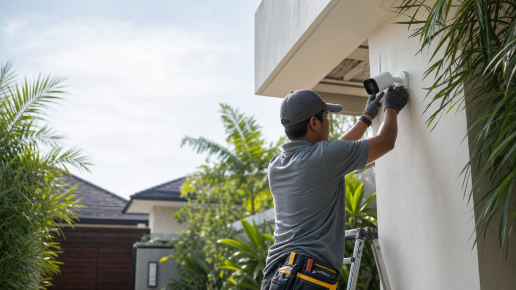 Teknisi memasang kamera CCTV untuk jasa CCTV Denpasar